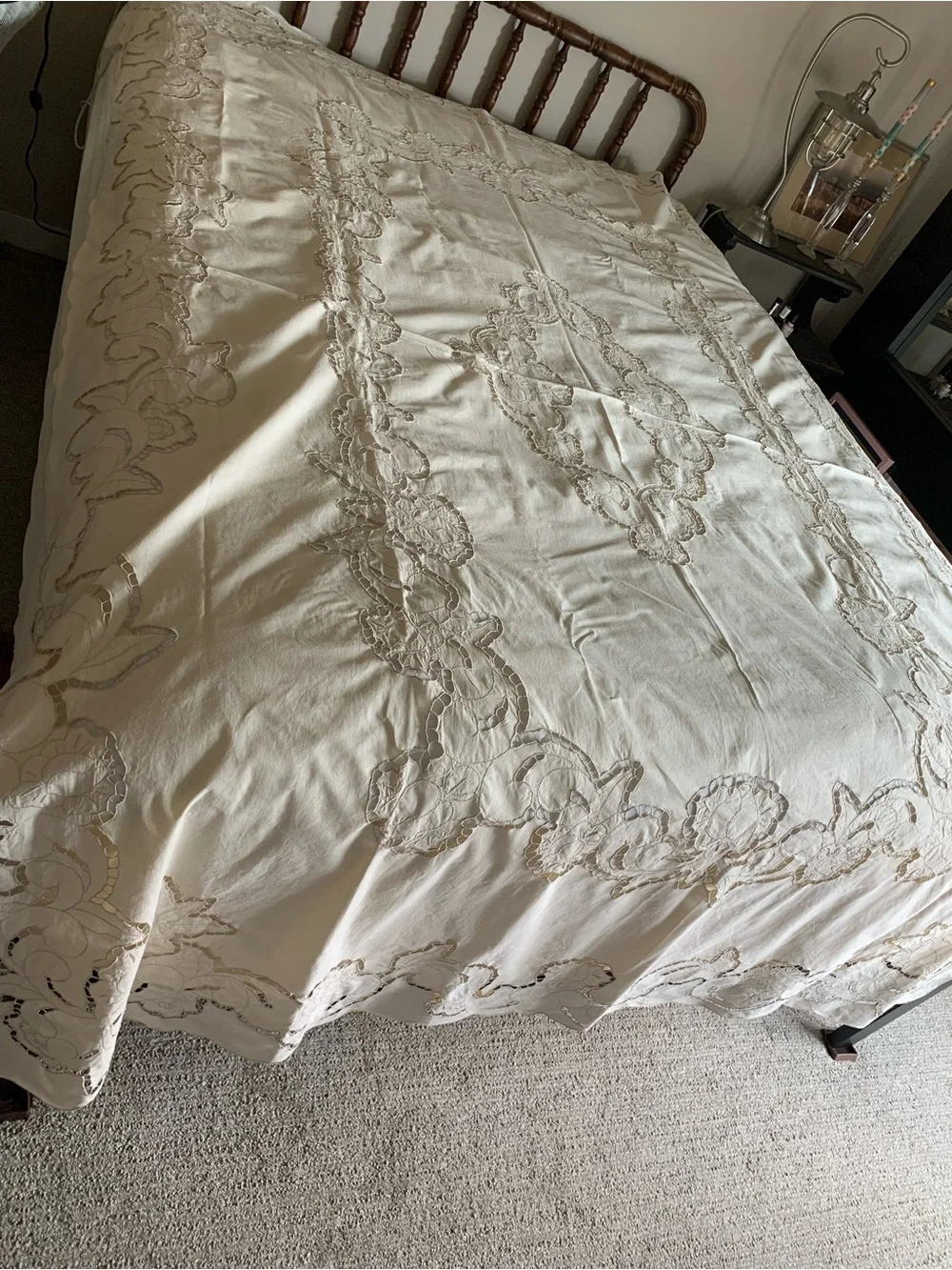 Vintage French Tablecloth or Bed Coverlet (shown on Queen bed) 104”x70” Pristine